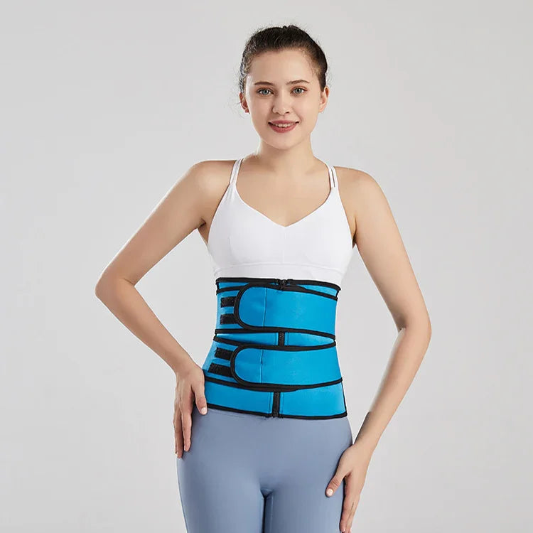 Young woman wearing white sports bra and blue waist trainer belt for fitness and waist shaping