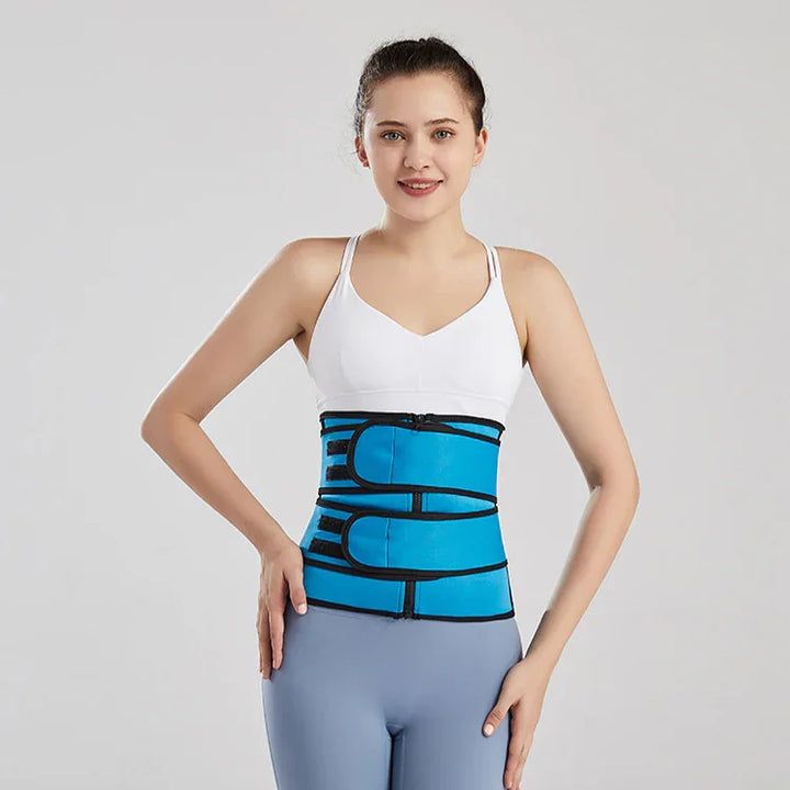 Young woman wearing white sports bra and blue waist trainer belt for fitness and waist shaping