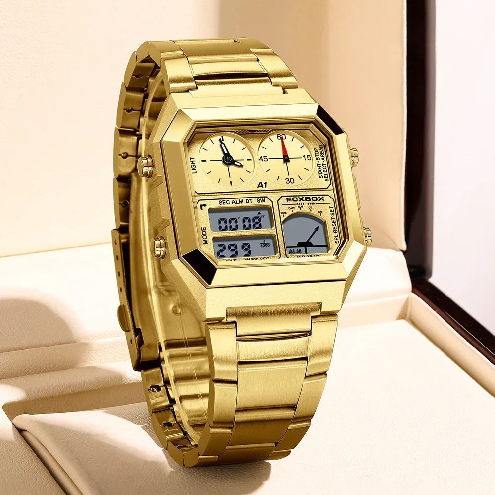 Gold-tone Foxbox digital analog wristwatch with multifunction dials on a beige display cushion