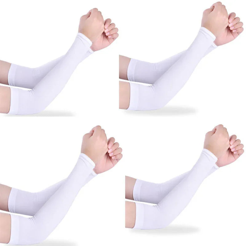 Four views of white sun protection arm sleeves worn on arms against white background