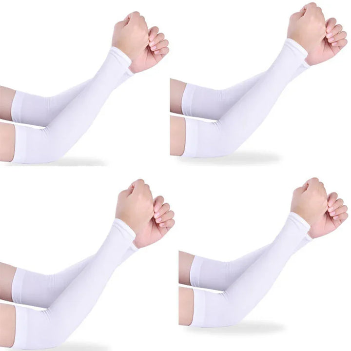 Four views of white sun protection arm sleeves worn on arms against white background