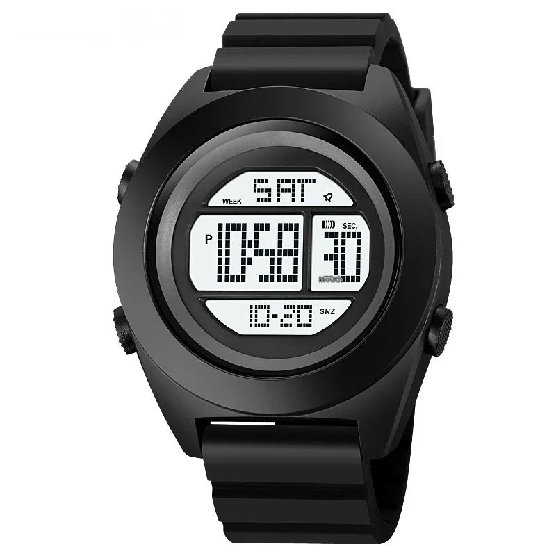 Black digital wristwatch with round face and segmented LCD display showing time, day, and seconds