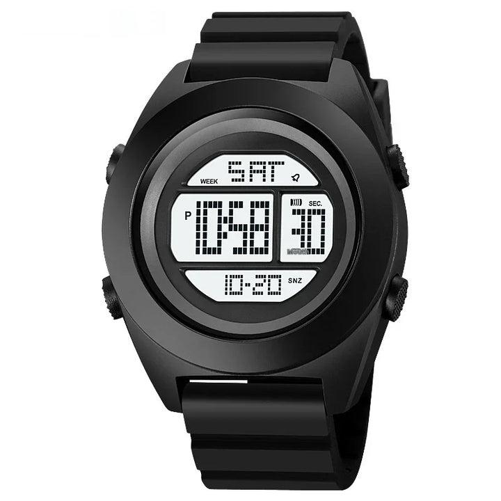 Black digital wristwatch with round face and segmented LCD display showing time, day, and seconds