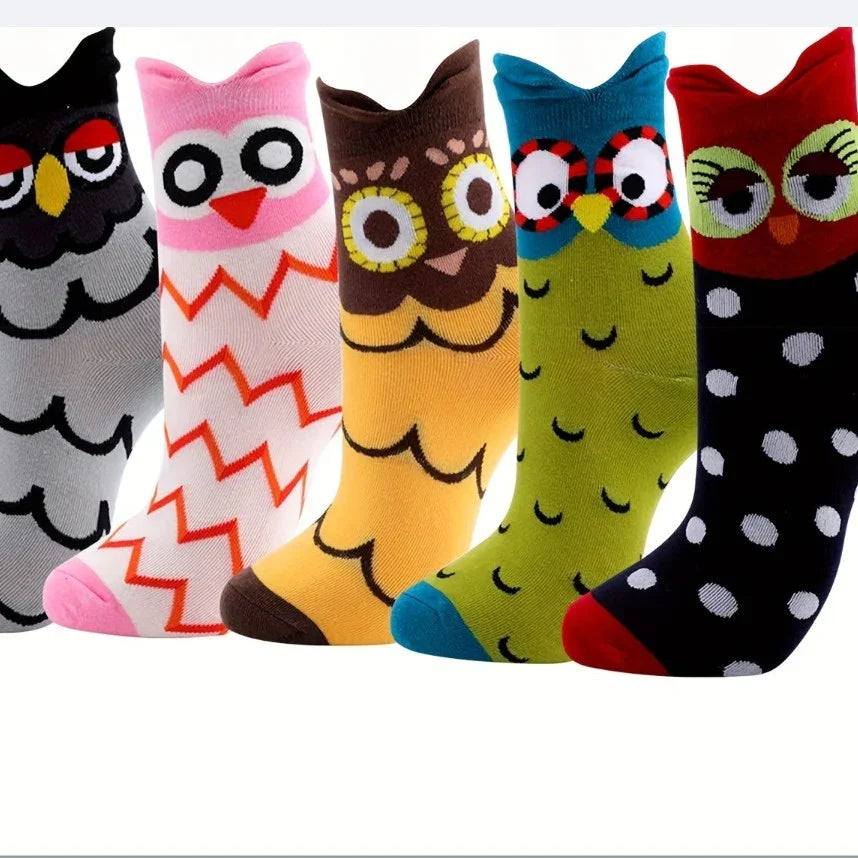 Colorful owl-themed novelty socks with unique patterns and expressive eyes on white background