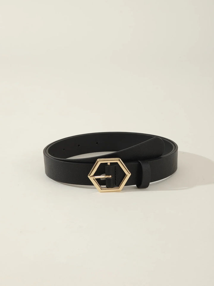 Black leather belt with gold hexagonal buckle on plain light background