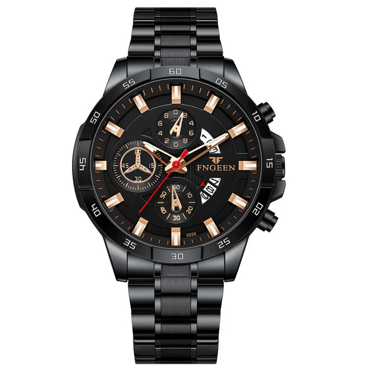 Black FNGEEN men's wristwatch with rose gold markers, chronograph dials, red second hand, and stainless steel band