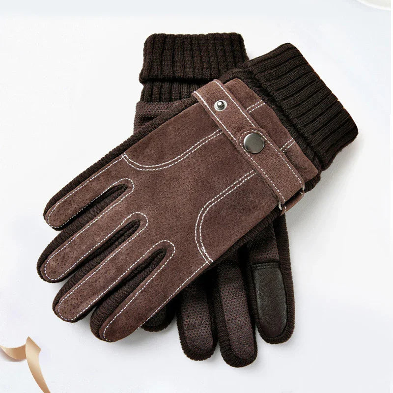 Brown men's winter gloves with suede front, knitted cuff, and button detail