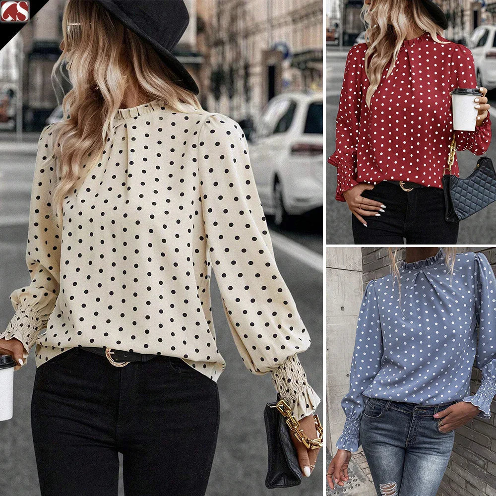 Women wearing stylish polka dot blouses in beige, red, and blue paired with black and denim jeans in urban setting