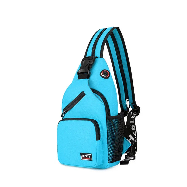 Blue sports sling backpack with multiple zippered pockets and adjustable black straps