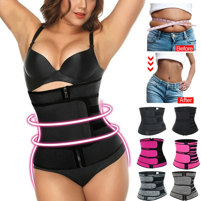 Woman modeling black waist trainer with before and after fat loss results and various waist trainer colors