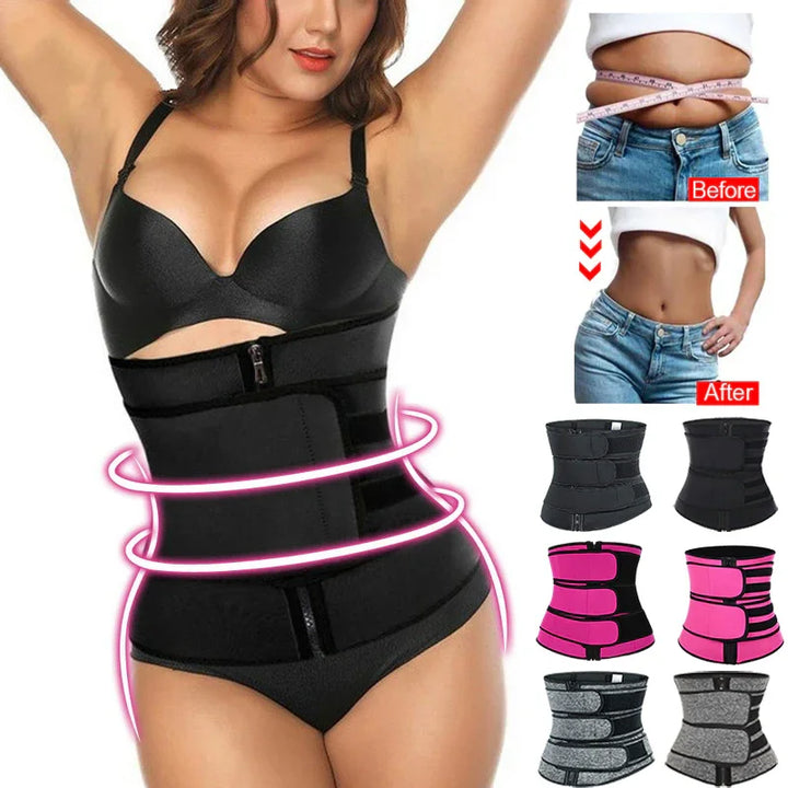 Woman modeling black waist trainer with before and after fat loss results and various waist trainer colors