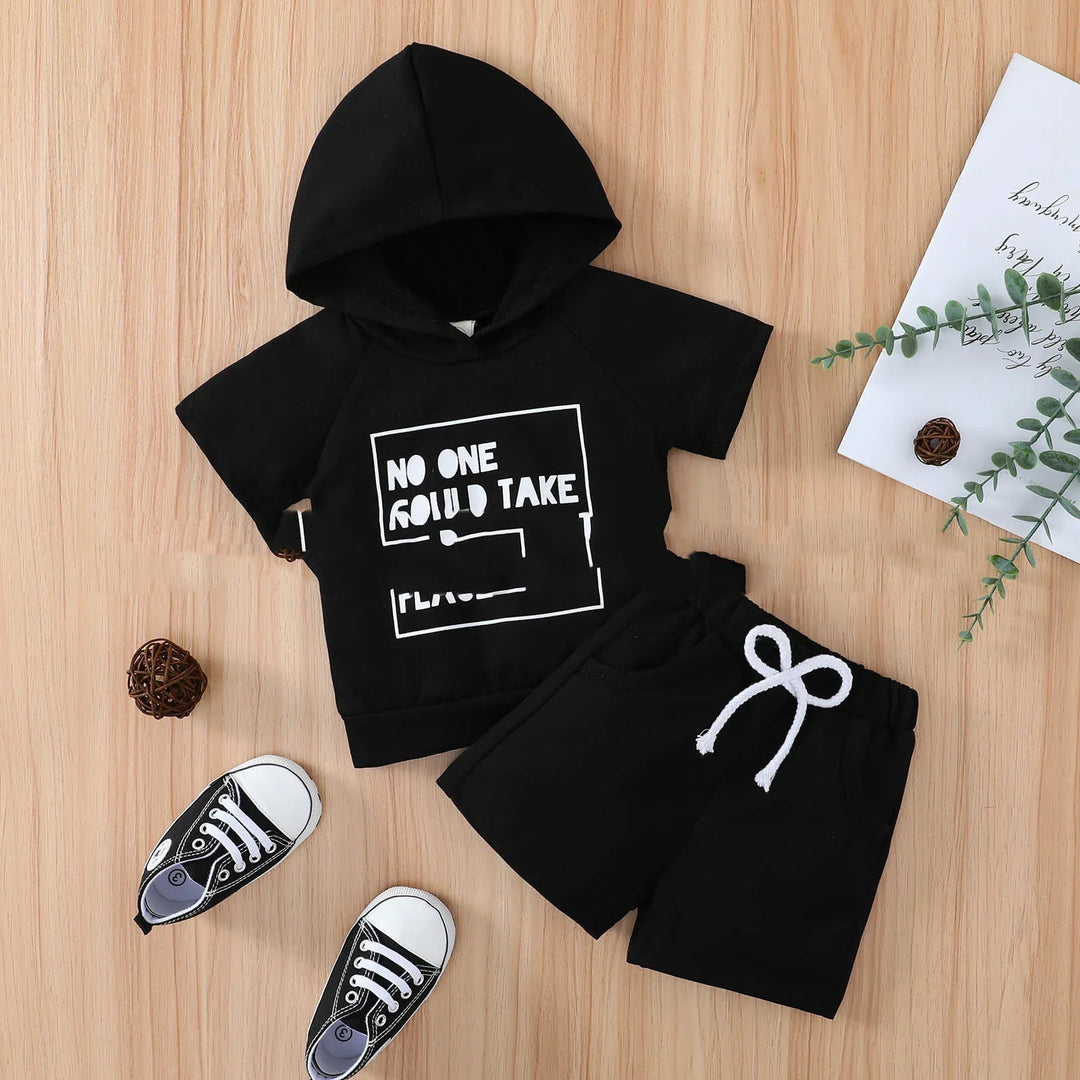 Black toddler outfit with hooded shirt saying 'No one could take' and matching shorts with white drawstring