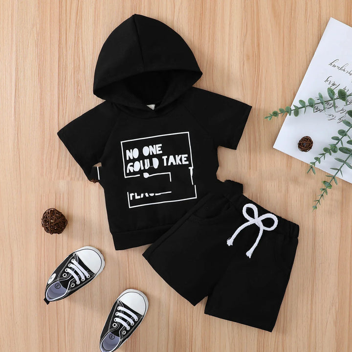 Black toddler outfit with hooded shirt saying 'No one could take' and matching shorts with white drawstring