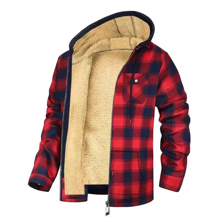 Red and black plaid fleece-lined hooded jacket with front zipper and chest pocket