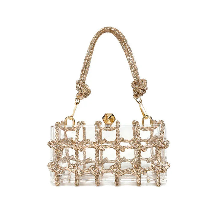 Transparent acrylic handbag with gold-tone gemstone clasp and ornate golden rope handle