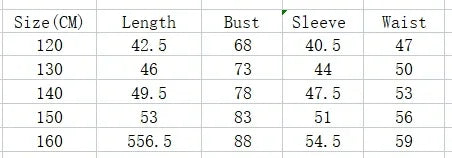 Kids clothing size chart in centimeters showing length, bust, sleeve, and waist measurements for sizes 120 to 160