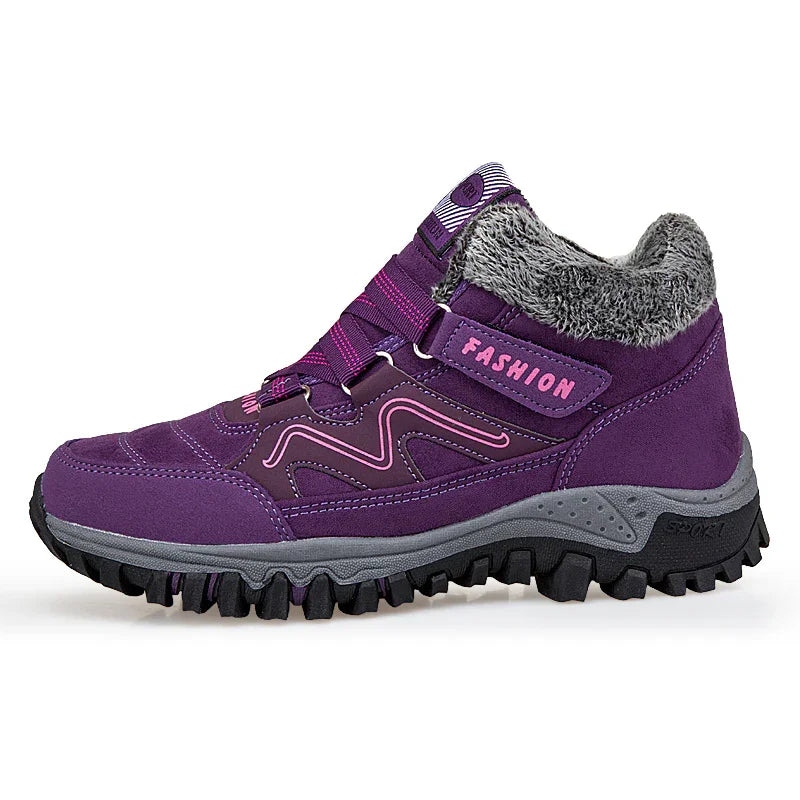 Purple winter hiking boot with pink accents, fleece lining, and rugged black sole