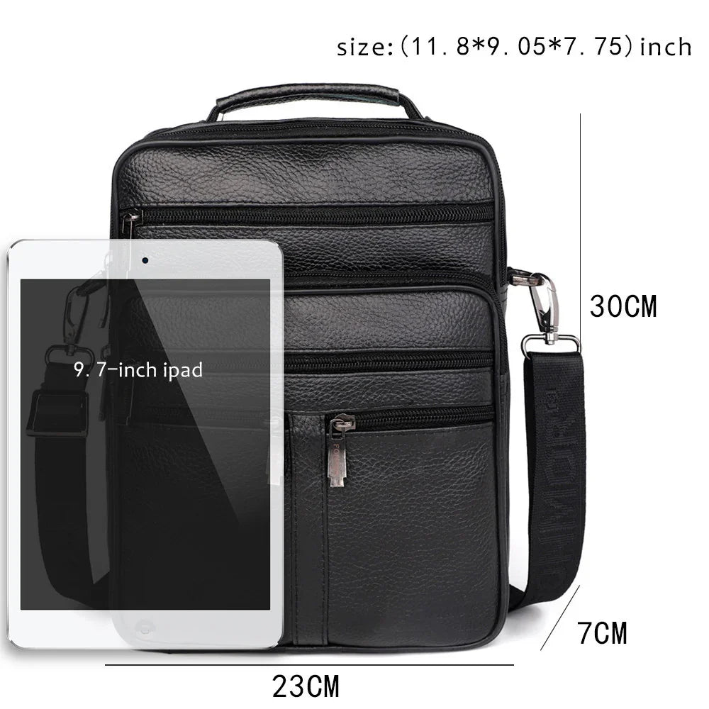 Black leather shoulder bag with multiple zippered compartments next to a 9.7-inch iPad and size dimensions