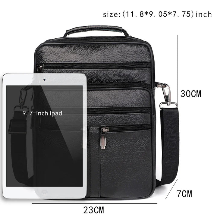 Black leather shoulder bag with multiple zippered compartments next to a 9.7-inch iPad and size dimensions