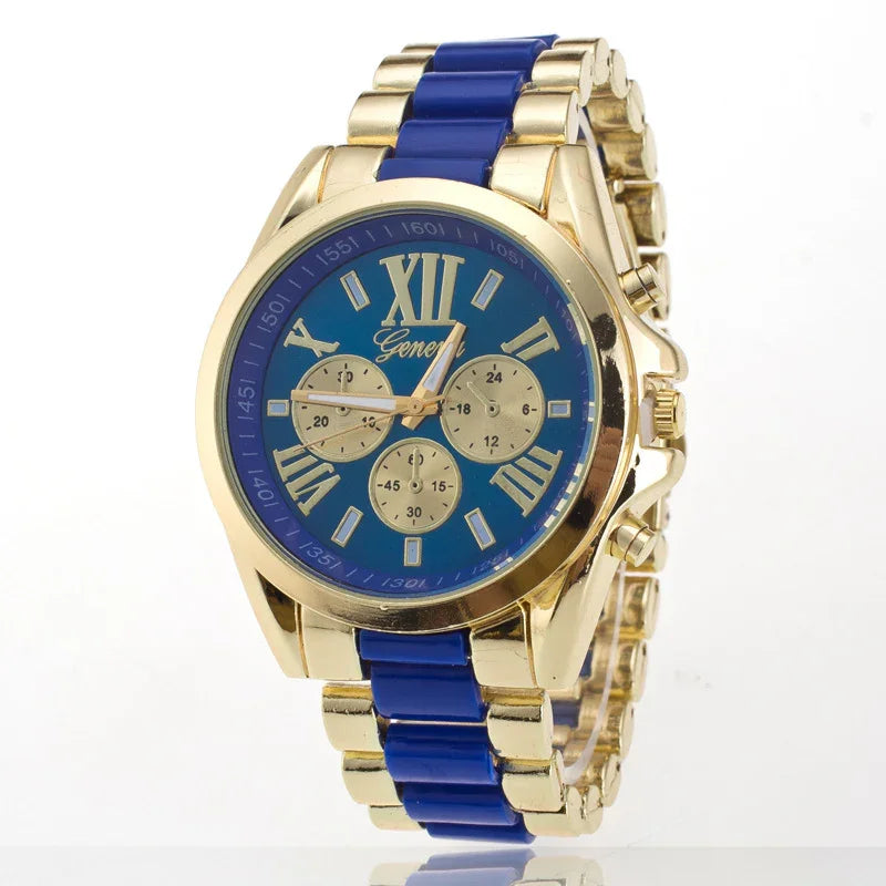 Gold and blue Geneva wristwatch with Roman numerals and three subdials on blue face