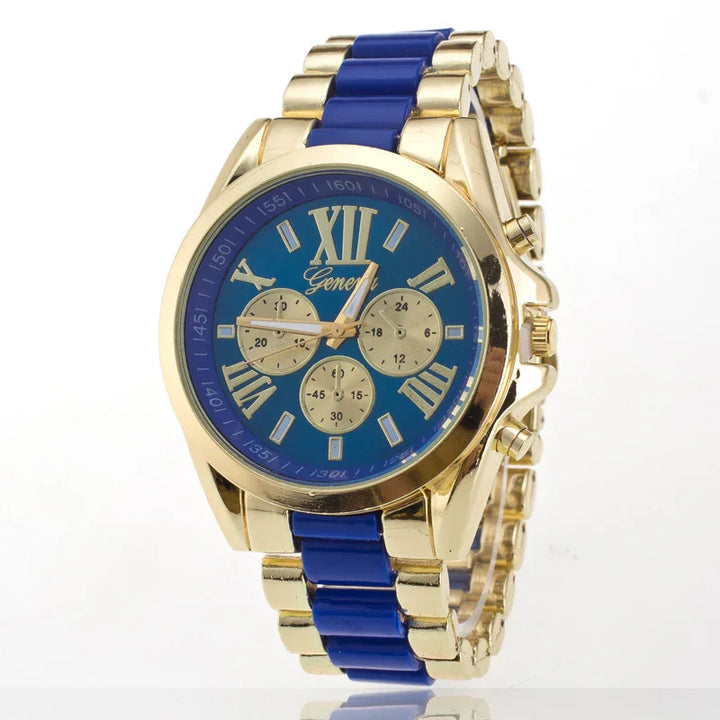 Gold and blue Geneva wristwatch with Roman numerals and three subdials on blue face