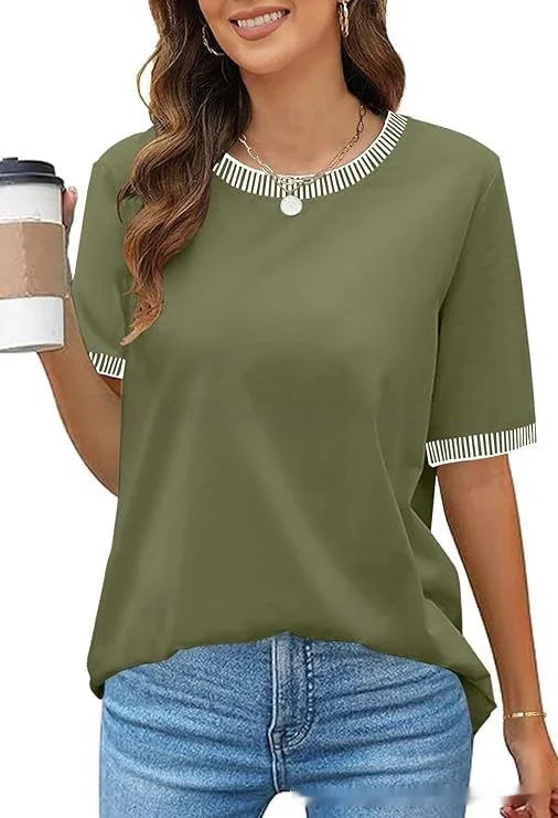 woman wearing olive green casual t-shirt with striped neckline and sleeves, holding coffee cup, paired with blue jeans