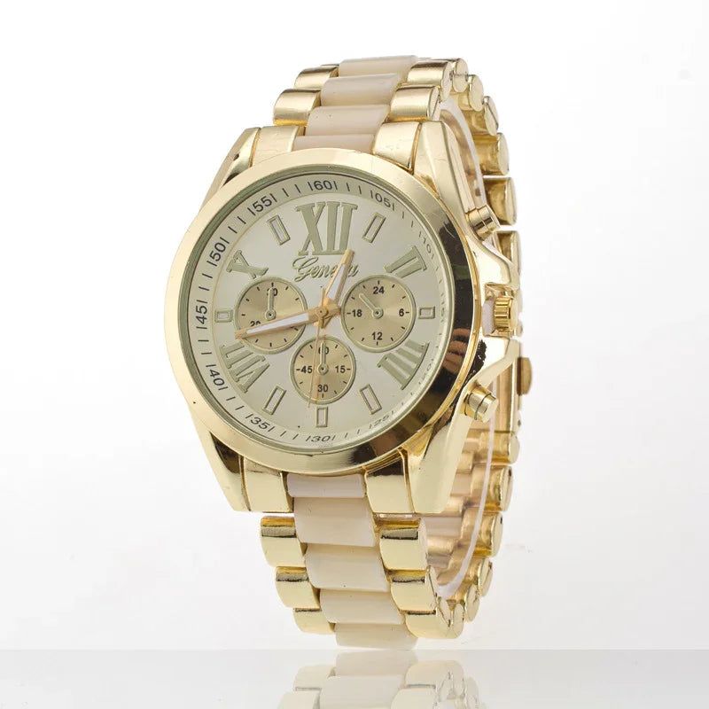 Gold and cream Geneva wristwatch with Roman numerals and multi-dial chronograph design