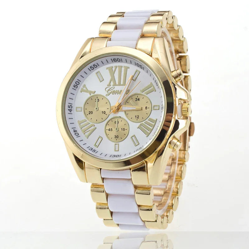 Elegant gold and white Geneva wristwatch with Roman numerals and three subdials on white face