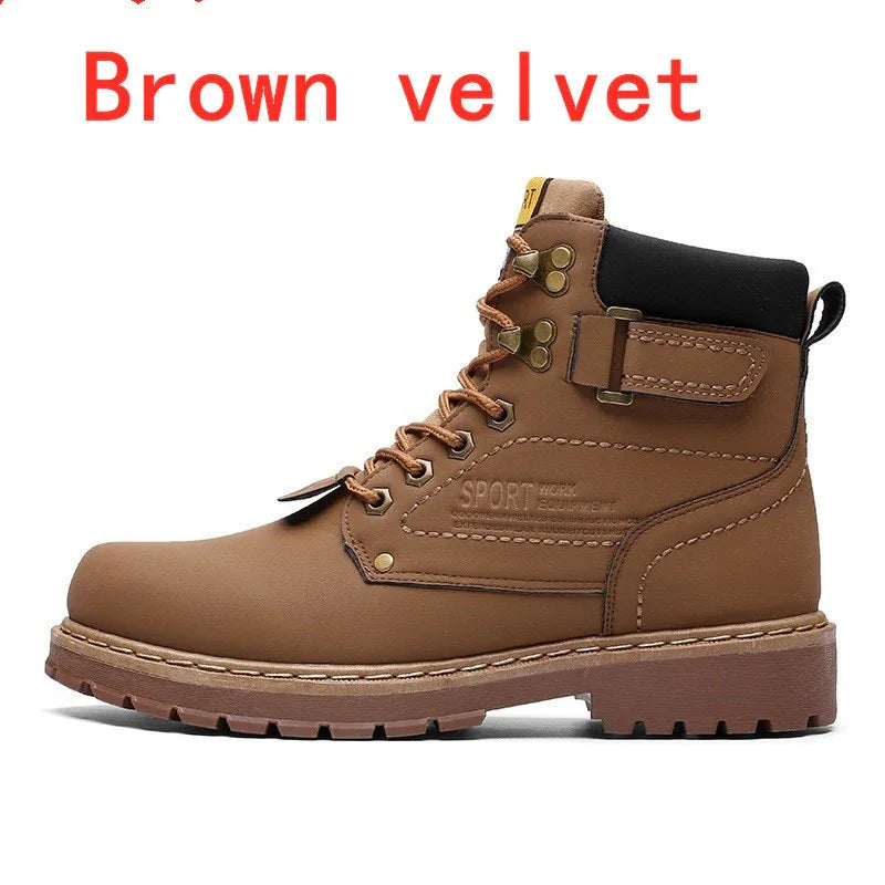 Brown velvet work boots with black padded collar, lace-up design, and rugged sole