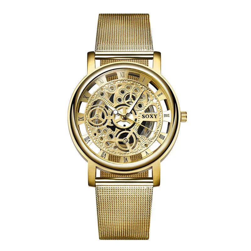 Gold SOXY wristwatch with mesh band and intricate mechanical skeleton dial with Roman numerals