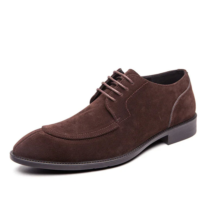 Brown suede men's formal lace-up shoe with stitched detailing and low heel