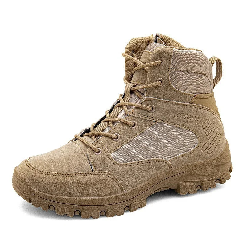 tan outdoor tactical hiking boot with rugged sole and lace-up design