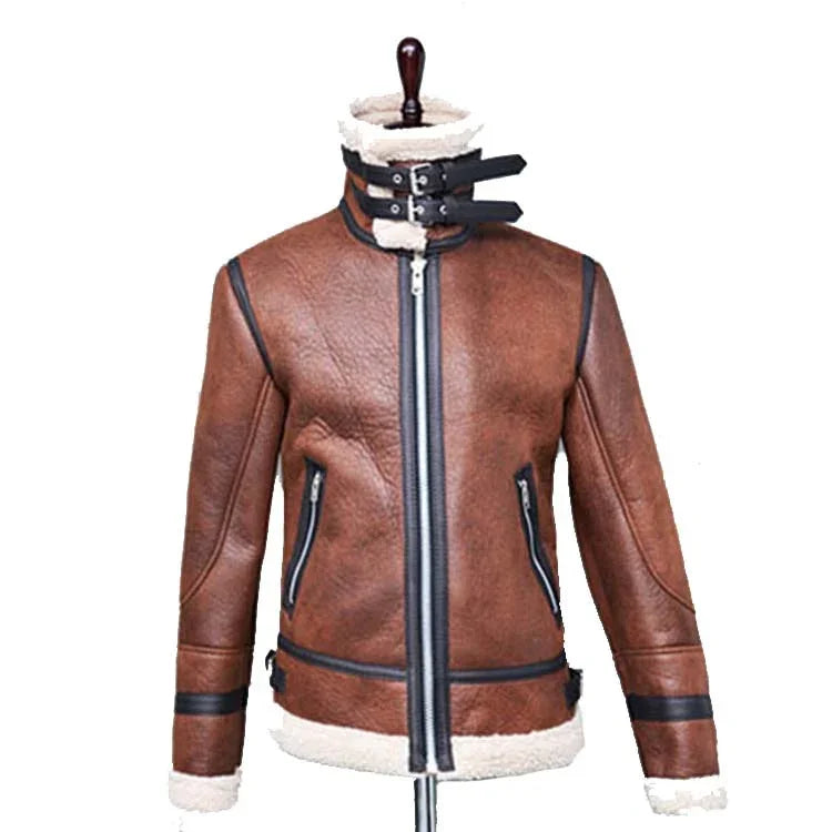 Men's brown aviator leather jacket with shearling collar and black buckle straps