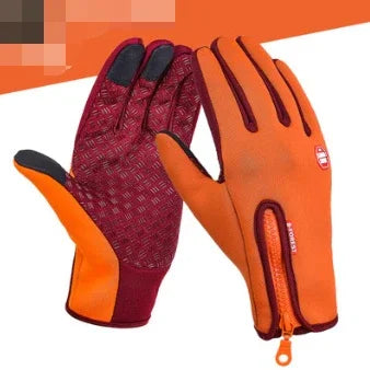 Pair of orange and dark red zippered gloves with textured grip and stretch fabric