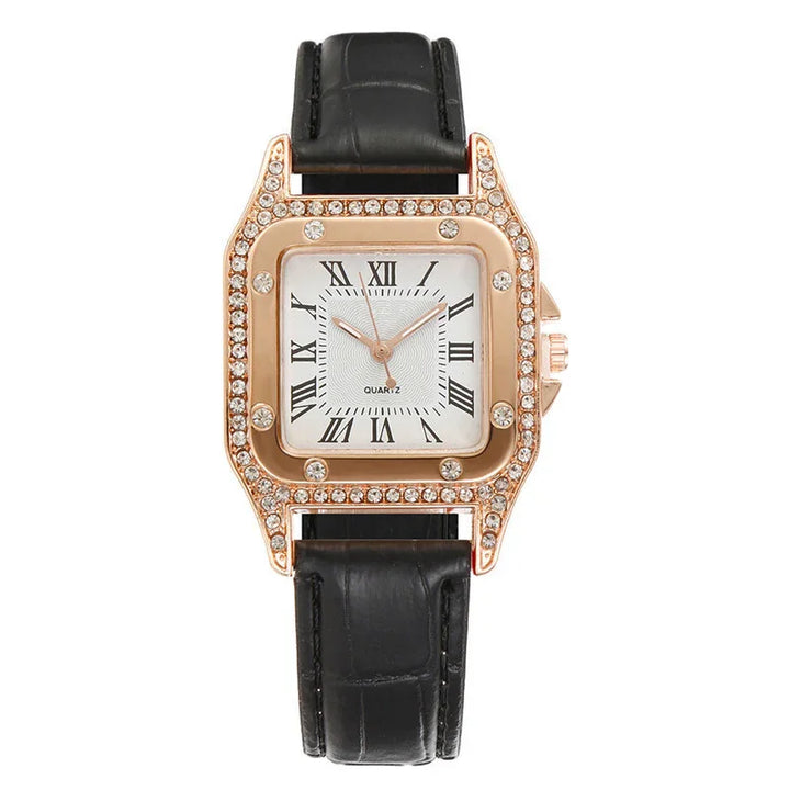 Square gold quartz watch with black leather strap and crystal-studded bezel with Roman numerals