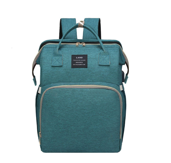 Teal fabric backpack with front zippered pocket and top carrying handles