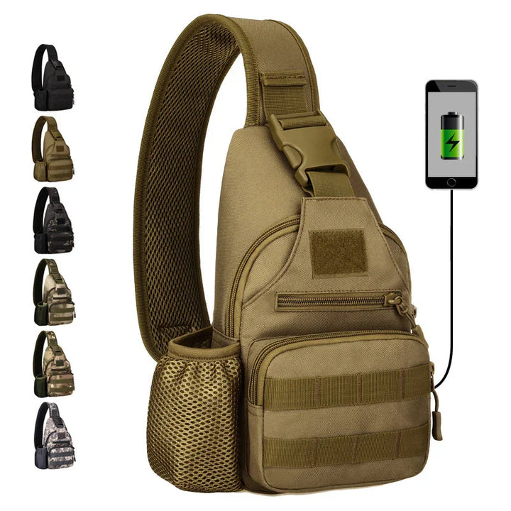 Compact tactical sling backpack in brown with multiple zippered pockets and USB charging port