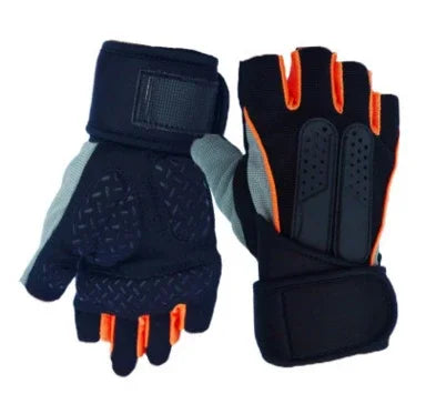 Black and orange fingerless work gloves with padded palms and wrist straps