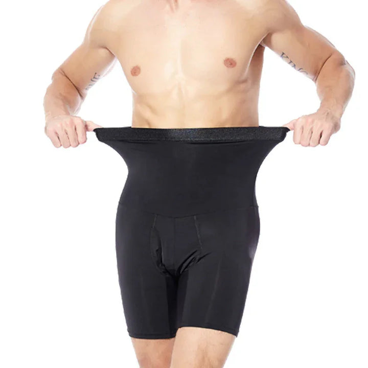 shirtless man stretching waist of black high-waisted slimming compression shorts fitness wear