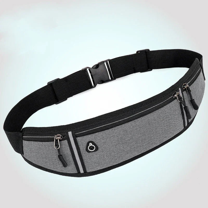 gray waist running belt with black adjustable strap and multiple zippered compartments