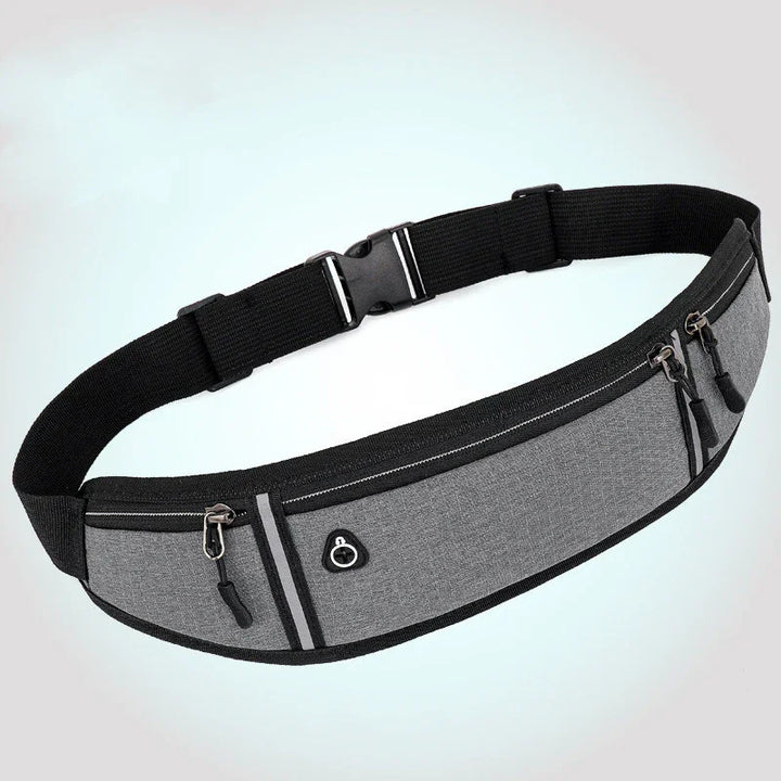 gray waist running belt with black adjustable strap and multiple zippered compartments