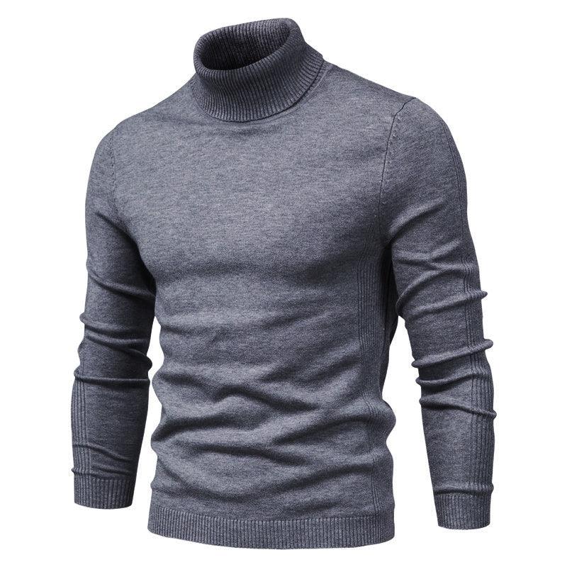 Men's gray knit turtleneck sweater with long sleeves and ribbed cuffs