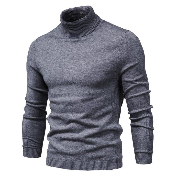 Men's gray knit turtleneck sweater with long sleeves and ribbed cuffs
