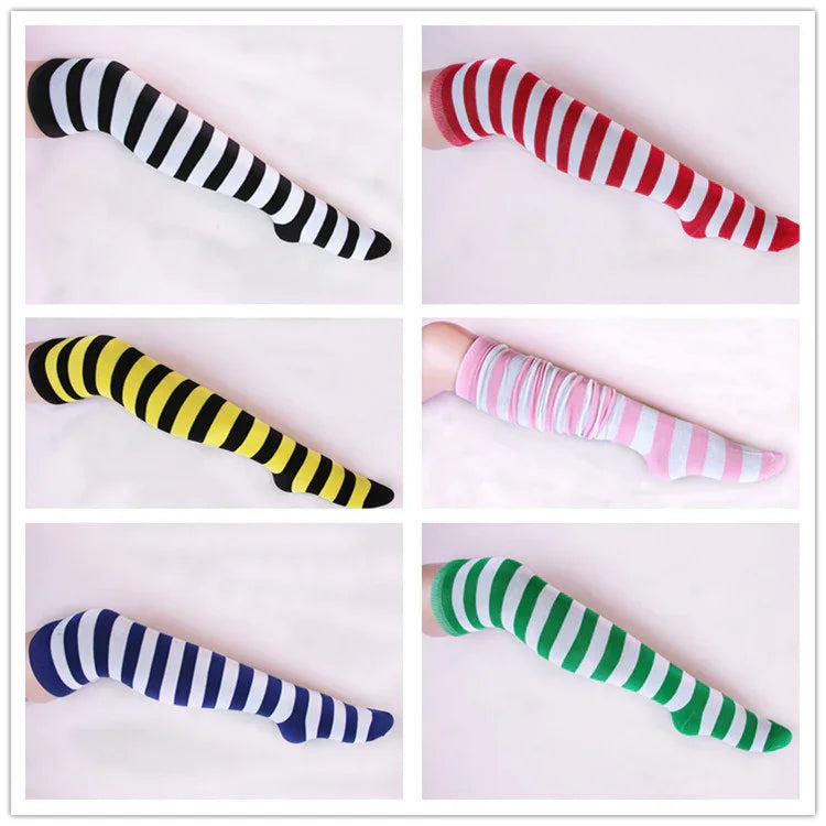 Six colorful striped knee-high socks in black, red, yellow, pink, blue, and green displayed on legs