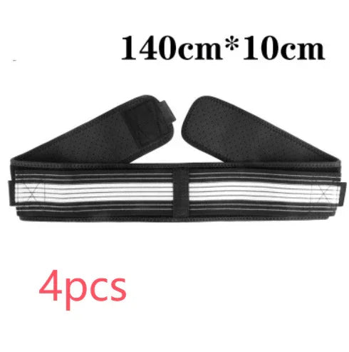 Black lumbar support belt 140cm x 10cm, 4pcs set, breathable mesh design.