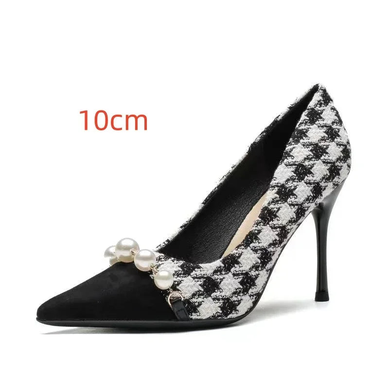 Black and white houndstooth high heel pump with 10cm heel and pearl embellishments