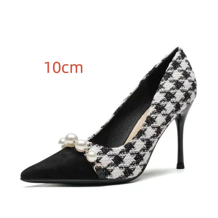 Black and white houndstooth high heel pump with 10cm heel and pearl embellishments