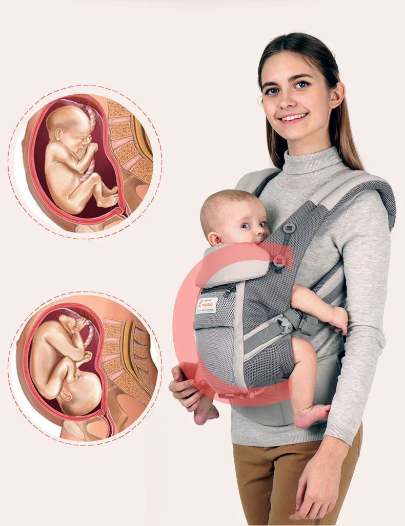 Smiling woman carrying baby in ergonomic gray baby carrier with fetal position illustrations