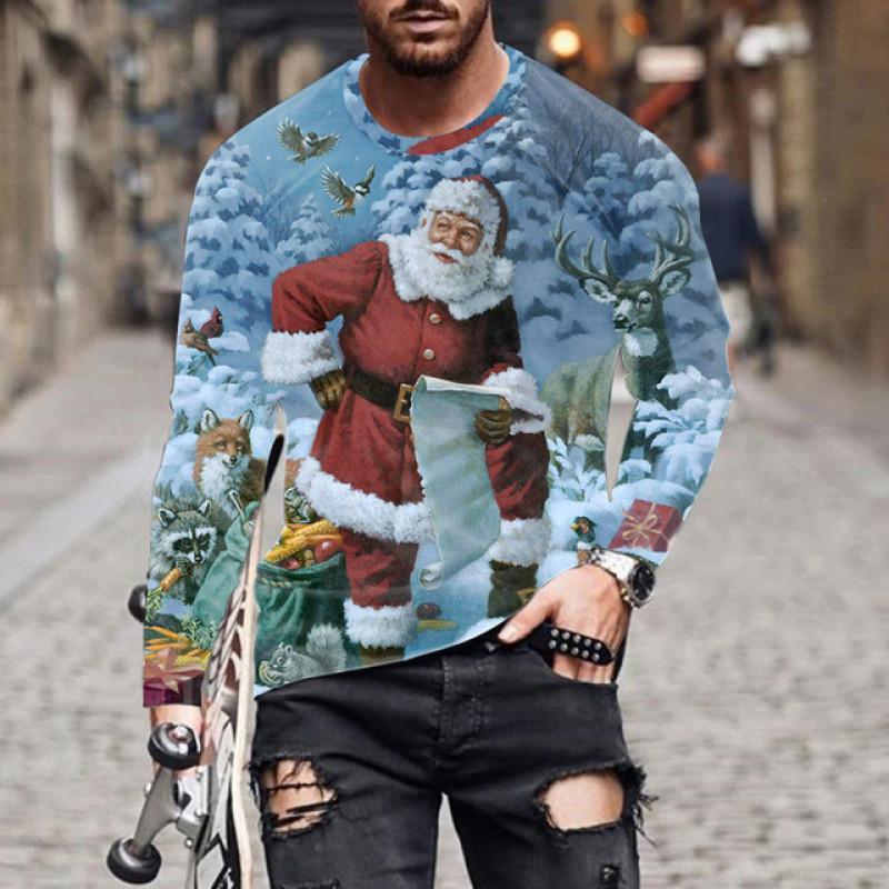 Man wearing Christmas sweater with Santa, snow, deer, fox, raccoon and birds in winter forest scene