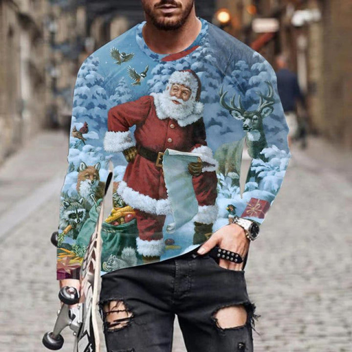 Man wearing Christmas sweater with Santa, snow, deer, fox, raccoon and birds in winter forest scene